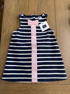 Janie and Jack Navy & White Striped Dress with Pink Center Bow